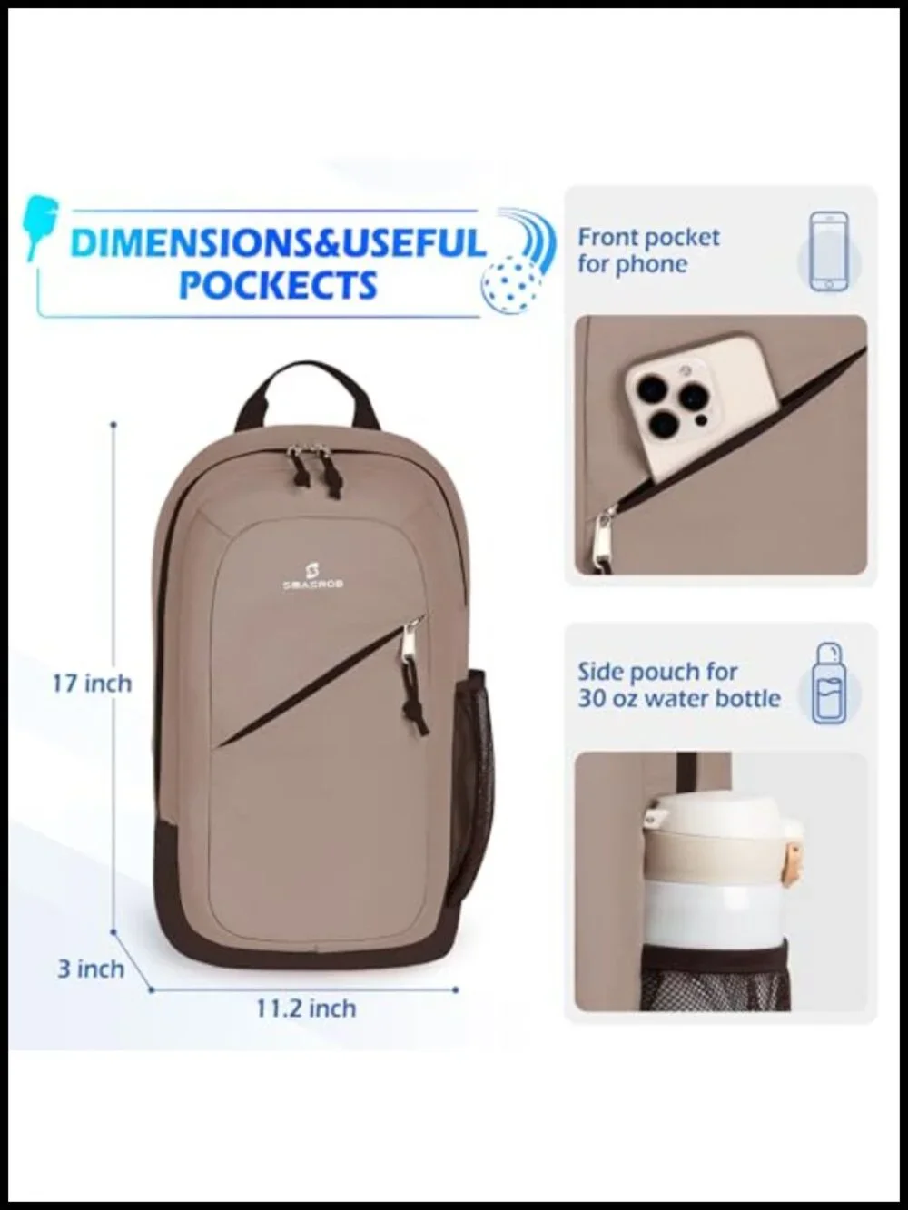 Pickleball Sling Bag Convertible Crossbody Backpack Fits 4 Paddles Ultra-Light